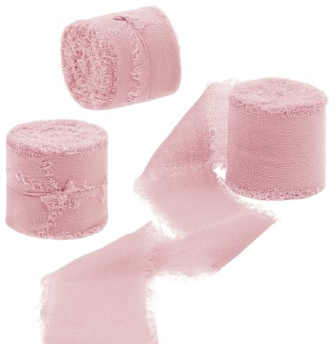 Uiopa 3 Rollen Chiffonband, Schleifenband Rosa 4cm x 15m Geschenkband Hochzeit, Fransenband Dekoband Stoffband für Geschenk, Basteln, Brautstrauß, Tisch-Deko, DIY Handwerk