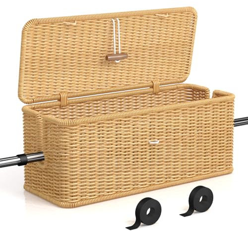 Caja de Gestión de cables hecha a mano, caja organizadora de cables de ratán, caja oculta cables con ranuras abiertas y tapa con cerradura, organizador de cables bajo el escritorio cables de TV