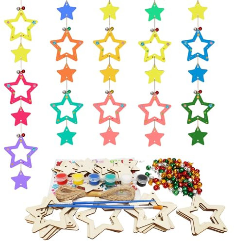 DKINY 30PCS Sterne Holzanhänger Bastelset Kinder Weihnachten Holzsterne zum Basteln & Bemalen DIY Weihnachtsstern mit Glocken Kreativset Geschenk Junge Mädchen Weihnachtsbaumschmuck Weihnachtsanhänger