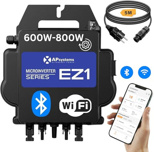 Generisch Wechselrichter EZ1-M, 600W/800W updatefähig, inkl. integrierter WLAN & Bluetooth Überwachung, Mikro Wechselrichter für Balkonkraftwerk (EZ1-M-800W+5m Anschlusskabel)