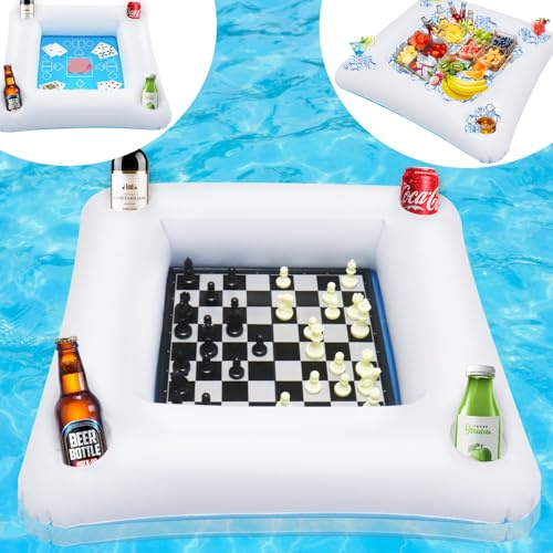 Mostop Table flottante pour jeu de piscine avec cartes à jouer, plateau de jacuzzi, plateau de cartes avec échiquier pliable, support gonflable pour boissons alimentaires, jacuzzi, fête d'été à la