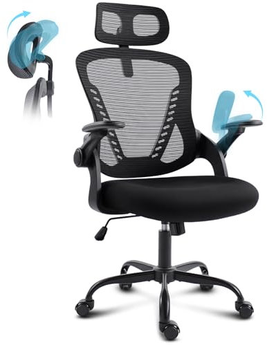GGCIR Office Chair with Headrest,Mesh Desk Chair with Flip-up Armrests,90-120° Rocking Function,Ergonomic Computer Chairs 150KG (Black)