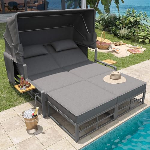 DRIXNO Gartenlounge-Set für 2-4 Personen, Sonnenliege Set, Gartenliege 2 Personen mit Faltbarem Sonnendach, Sofa-Set für Draußen, Essgruppe für Terrasse Balkon Garten Outdoor