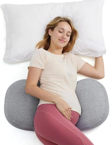 Momcozy Cuscino per gravidanza portatile, a forma di W, supporto per maternità per chi dorme sul fianco, cuscino regolabile da viaggio per schiena, pancia e fianchi, ideale per donne incinte, grigio
