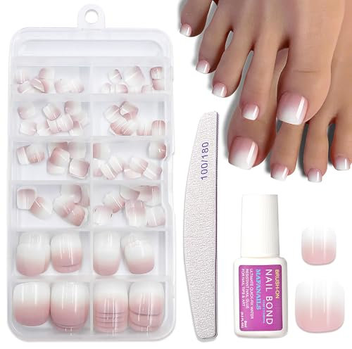 120pcs False Toe Nails with Glue - Ombre False Toenails Set - Gradient Fake Toe nails - Long Lasting Stick on Toe Nails - 12 Size Acrylic Press on Toenails Glue on for Big Small Toe