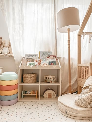 Bellamy Book Nook - Spiel- und Bücherregal Montessori, Kinderbibliothek mit Fächer, Kinderzimmer Organizer Freistehend, Farbe pink (Vintage Rose) (Beige/Latte)