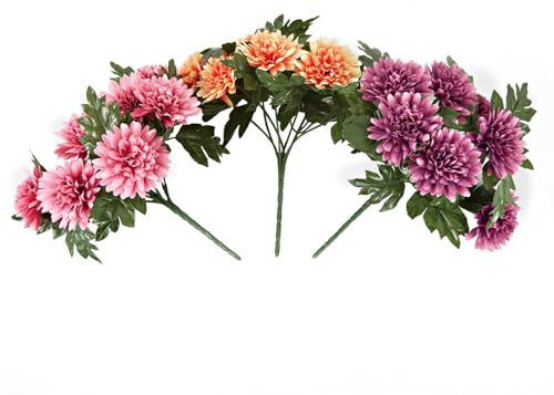3 Pagen® Kunstblumen Dahlien 3er-Set – dreifarbiges Bouquet – langanhaltende Blütenpracht für Terrasse, Balkon &Garten – künstliche Blumensträuße – wetterfestes Blumenarrangement – rosa, lila& orange