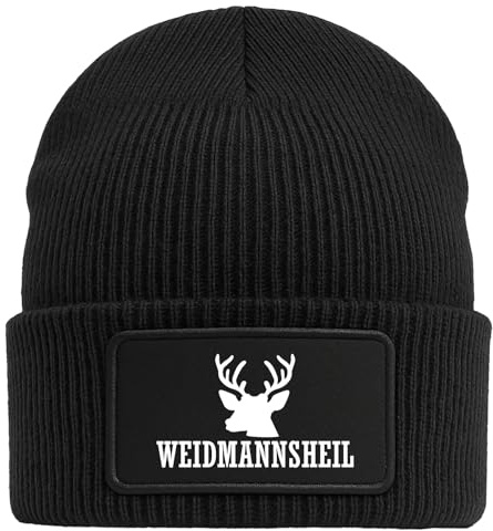 Huuraa Beanie Weidmannsheil Hirsch Jägergruß Geschenk | Black Geschenkidee Schwarze Rippstrick Wintermütze mit austauschbarem Klett Patch
