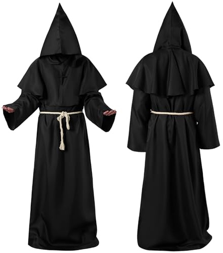 NXPZ Costume da Monaco Medievale per Uomo, Veste per Costume di Halloween con Cappuccio, Cintura di Corda e Collana Croce, per Feste di Halloween, Eventi Medievali e Rinascimentali