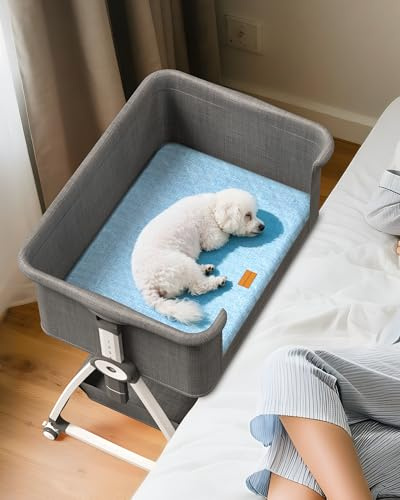 Bedside Dog Bed,6-Height Adjustable Pet Bassinet for Medium & Large Dogs | Pet Couch with Sides,Elevated Bed Extension for Humans,Removable & Washable Cover,Dog Couch with Wheels, 30x21