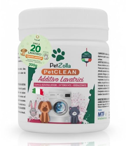 Additivo Lavatrice per tessuti a contatto con Animali 20 bustine da 10gr, Igienizzante bucato naturale, Neutralizza Odori, Elimina Batteri, peli e biofilm, formula Atossica - 200 gr - Made in Italy