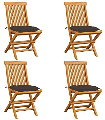 Makastle Gartenstühle Klappbar, 4er Set, Esszimmerstühle mit Taupe Kissen für Balkon Terrasse, Einfach zu verstauen, Braun 47 x 60 x 89 cm Massivholz Teak