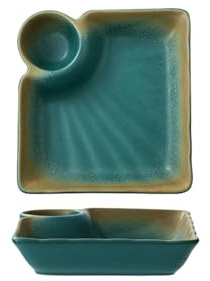 2PC- ceramica quadrato sottosmalto colore jiaozi piatto giapponese retrò per la casa stoviglie-verde pavone