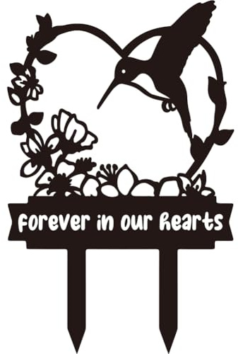PRESSINART Vogel Gedenkstecker Für Immer In Unseren Herzen Stecker Blüten Kolibri Design Schwarz Metall Friedhof Dekorationen Gedenktafeln Für Verlust Von Mutter Vater Liebe Angehörige Grab Friedhof