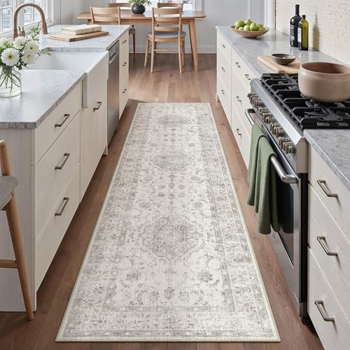 PureCozy Grau LäUfer Flur Vintage Teppich 60x240cm kurzflor rutschfest Weich Waschbarer Böhmischen Teppiche für Küchen Hallway Retroteppiche Bettvorleger Büro Wohnzimmer Schlafzimmer