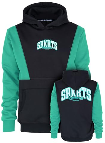 SOURKRAUTS Hoodie Split Größe L I Unisex Kapuzenpullover in Schwarz Türkis I Hoody mit massiver Rückenapplikation