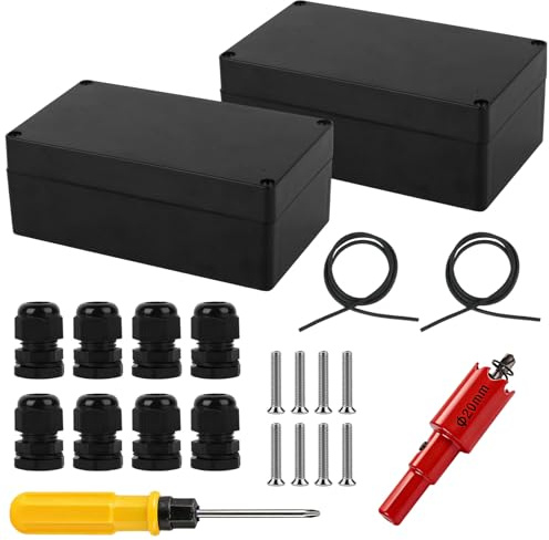 2 Pcs IP65 Junction Box Waterproof Electrical Box, Electronics Enclosure | Surface Mounted Plastic Electric Distribution Boxes Black Project Case with Accessories