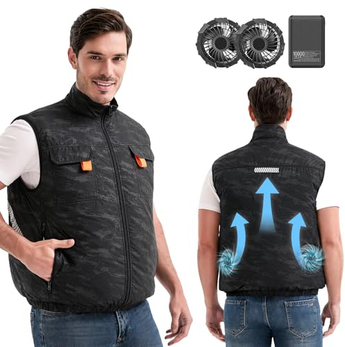 Foiueyga Gilet refrigerante elettrico da 12 V, con batteria e 2 ventole, riflettente, per adulti, estate, attività all'aperto e lavoro, Nero , L