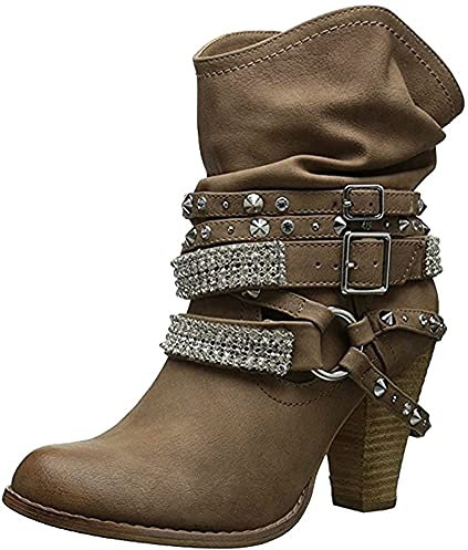 Minetom Donna Inverno Stivali Scarponi da Neve Moda Sexy Casual Elegante Rivetto Scarpe con Tacco Alti Tacchi Alti Boots Stivaletti Cachi EU 42