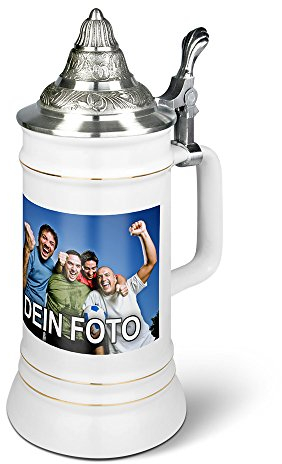 PhotoFancy® - Bierkrug mit Foto bedrucken - Krug personalisieren - Humpen mit eigenem Motiv selbst gestalten (Ständerkrug mit Zinndeckel 0,5 L)