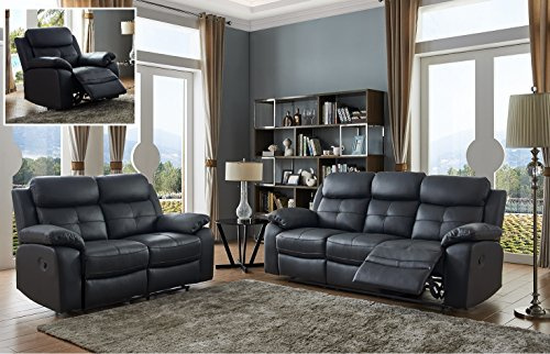 SC Furniture Ltd Black Leather Manual Reclining 3 Seater Sofa + 2 Seater + Leather Manual Recliner Armchair Suite CHICGO (3+2+1)