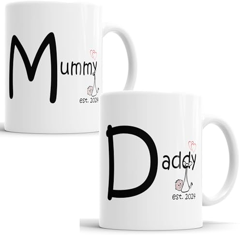 Faithful Prints Mummy and Daddy 2025 Mugs Set, Personalised for New Parents Mum and Dad, Mother, Father, White, 11 Ounce