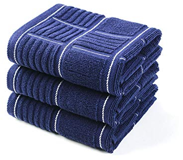 ANYI Lot de 3 torchons de Cuisine absorbants très résistants avec Boucle de Suspension 100% Coton, 40,6 x 66 cm, Bleu Marine