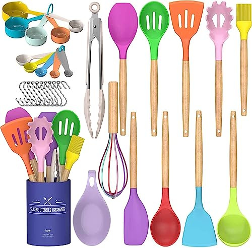 Umite Chef Küchenutensilien-Set, antihaftbeschichtet, Silikon, Küchenutensilien, Spachtel-Set mit Halter, Holzgriff, hitzebeständiges Silikon, 24-teilig