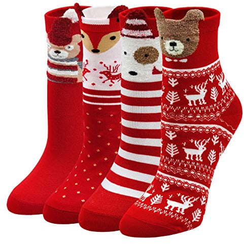 LOFIR Bunte Lustige Socken Damen Weihnachtssocken Tiermuster Cartoon Strümpfe aus Baumwolle Mädchen Weihnachtenstrümpfe mit Geschenkbox, Größe 35-41, 4 Paare