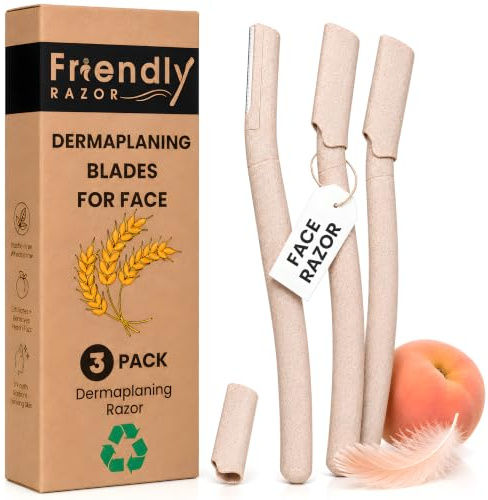 Friendly Razor Dermaplaning Blades for Face - 3 Pack Eco Face Razors | Peach fuzz remover for brows and upper lip, face razor for smooth skin and makeup prep, Plastic free eyebrow razor