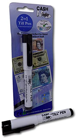 Minder 2 in 1 Forged Note Till Pen with Integrated UV Light - Ideal for Detecting Counterfeit Paper and Polymer Currency (Permanent Ink - Black, 2 Pens)