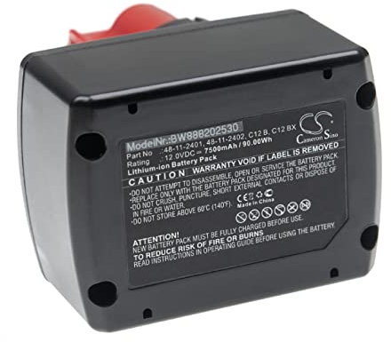 vhbw Akku kompatibel mit Milwaukee M12 BDDX, M12 BDDX-202X, M12 BDDXKIT-202X, M12 BID, M12 BID-0 Elektrowerkzeug (7500 mAh, Li-Ion, 12 V)