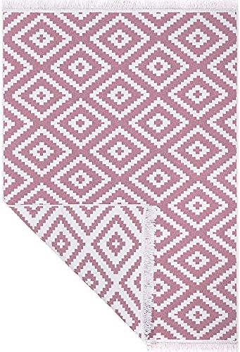 Fashion4Home Teppich Kurzflor - Boho Kelim Teppich, Wohnzimmerteppich, Schlafzimmer und Küchenteppich, Teppich Läufer, Flur Teppich, Kinderzimmerteppich Trio-Altrosa-Weiß, Grüße: 80x150 cm