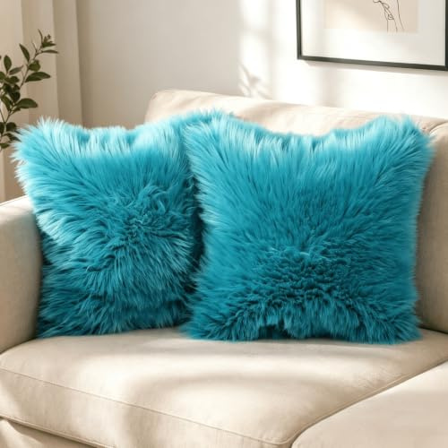 OYIMUA Lot de 2 Housses de Coussin décoratives Douces en Fourrure d'agneau synthétique à Poils Longs - pour canapé (Bleu Vert, 60 x 60 cm)