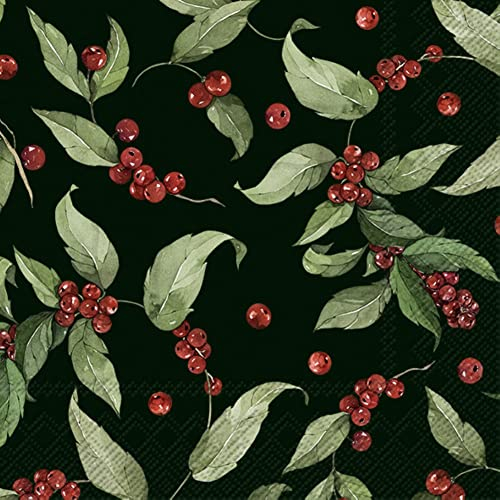 IHR Ideal Home Range - Papierservietten Weihnachten LEANDER dark green rote Beeren Laub Blätter winterlich Winterdeko 20 St. Lunch-Servietten 33 cm x 33 cm