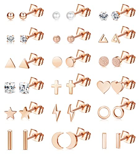ORAZIO 18 Paia Orecchini Donna Uomo Acciaio Inossidabile 316L Stella Luna Cuore Cz Disco 20G Orecchini Cartilagine Orecchini Geometrici Ipoallergenici Gioielli Piercing,oro rosa