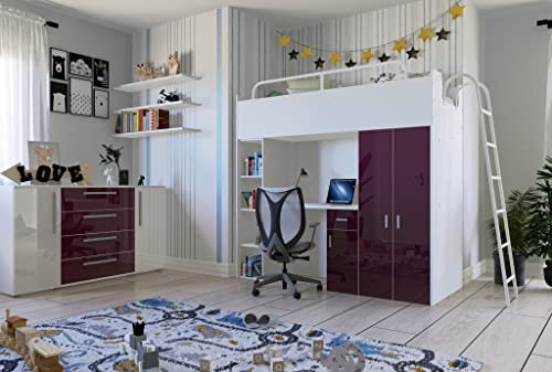 Marlux-Meble Hochbett JSM-4 80x190 mit Kleiderschrank Schreibtisch und Leiter Hochglanz Kinderbetten Funktionsbett Etagenbett Stockbett Kinderhochbett Jugendhochbett (Violett Glanz)