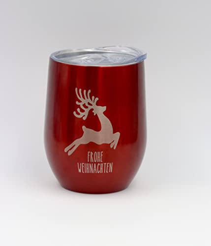 Glühweinbecher in rot mit Rentier &Frohe Weihnachten Gravur