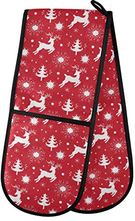 Double Oven Gloves Christmas Reindeer Xmas Tree Snowflakes Heat Resistant Pot Holder Oven Mitt Gloves for BBQ Cooking Baking Grilling Microwave