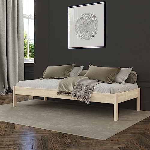 Hansales Holzbett 90x200 cm Lauli Scandi Style mit Rollrost aus unbehandeltem hartem FSC® Birken Vollholz - über 350 kg - Einzelbett Bettgestell - ohne Kopfteil - Kinderbett Jugendbett Gästebett