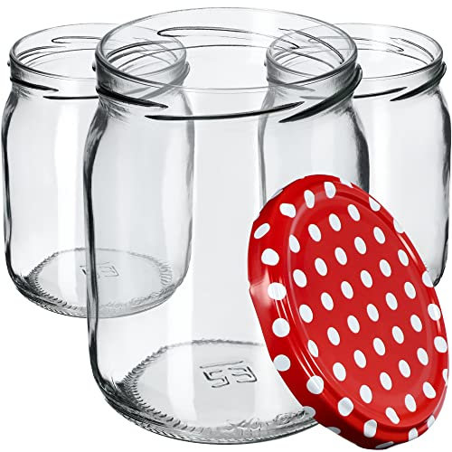 KADAX 48st Einmachgläser 540ml mit Schraubdeckel fi82 mm für Einlegen, Einmachen, Konservieren und Mahlzeitenvorbereitung - Luftdichte Twist-off Gläser (Rot gepunktet, 48 St.)