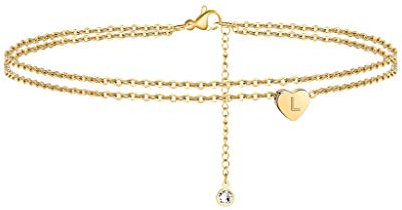 TINGN Fußkettchen für Damen Gold, 14 Karat Gold Gefüllt Geschichtetes Fußkettchen Verstellbar Strand Buchstaben Fußkettchen für Frauen Herz Fußkettchen mit Buchstaben L Fußkettchen für Damen Schmuck