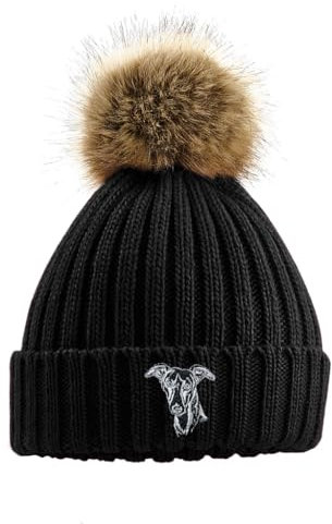 The House Of Dog: Mütze mit Bommel aus Kunstfell, super weich, Unisex, bestickt, Schwarz , One size