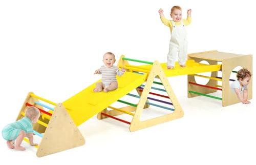 DREAMADE Escalade en Bois 6 en 1 pour Enfants avec 2 Échelles Triangulaires, Ensemble de 5 Grimpeurs Triangulaires, 2 Rampes Double Face & 1 Cube pour Glisser & Grimper
