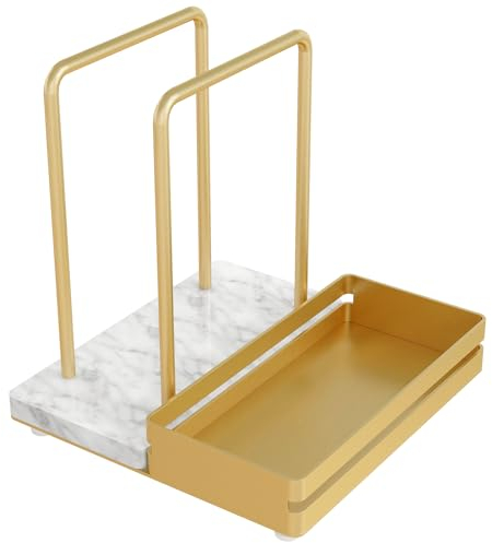 Servilletero para mesa, servilletero de mármol de metal con salero y pimentero, almacenamiento de servilletas de papel de pie para decoración de mesa de comedor, cocina, base de mármol y metal, dorado