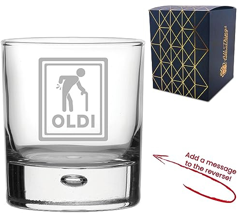 Verre à whisky personnalisé avec motif Oldi, ajoutez un message personnalisé à l'envers, coffret cadeau inclus, gravure au laser, cadeau pour papa, grand-père, collègue, départ à la retraite, cadeau
