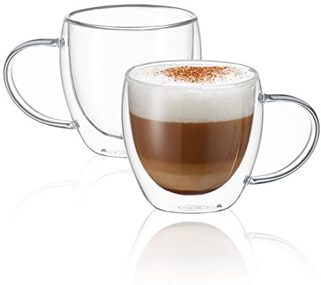 CNGLASS Double Wall Glass Coffee Mugs with Handle,8.5oz(250ml) Clear Insulated Glass Espresso Cups for Hot and Cold Beverages,Latte,Cappuccino,Set of 2