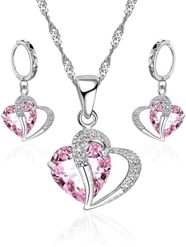 NyxSeat Parure de bijoux 3 pièces, 1 paire de boucles d'oreilles et 1 collier, collier pour femme, collier tendance en forme de cœur, bijoux en cristal rose en forme de cœur, convient pour le
