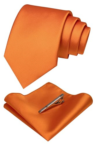RBOCOTT Orange Tie Necktie and Pocket Square, Hankerchief and Tie Bar Clip Sets for Men(70)
