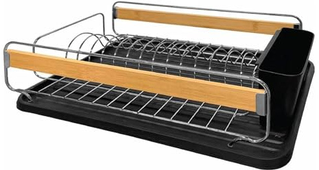 JS Gourmet Dish Drying Rack with Cutlery Holder, Drip Tray and Bamboo Details, Rust-Resistant Chrome Finish Iron Wire Dish Drainer for Organizing Kitchen Counter, Dishes and Utensils